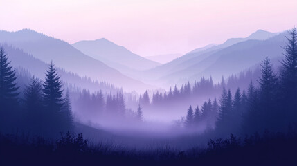 Obraz premium Majestic mountain landscape with fog and evergreen trees at dawn