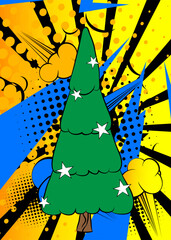 Cartoon Christmas decorated pine tree, comic book Holiday Retro vector comics pop art design.