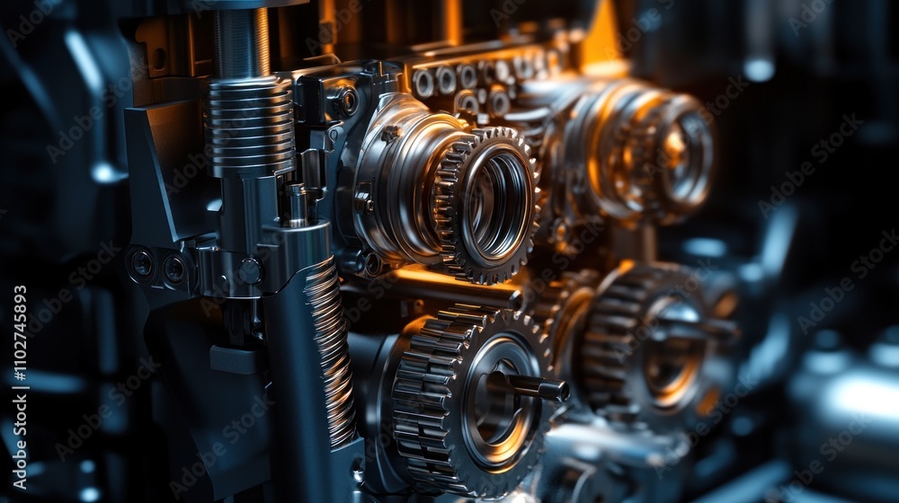 Aufkleber close-up of intricate engine gears and mechanisms, illuminated with warm light, showcasing precision