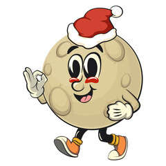 Moon mascot character illustration walking while wearing a Santa hat calm, cartoon mascot isolated, work of hand drawn