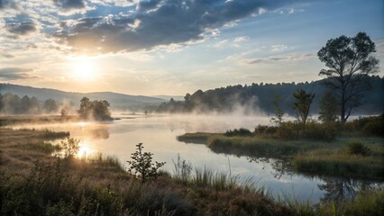 Fototapeta premium The early morning sun peeks through the misty veil over a tranquil lagoon casting an otherworldly glow on the surrounding landscape, peaceful, sunrise, landscape, lagoon, natural