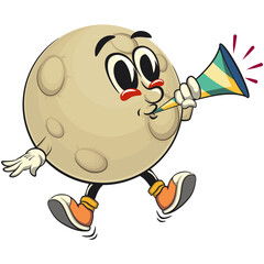 Moon mascot character illustration blow the party horn trumpet, cartoon mascot isolated, work of hand drawn