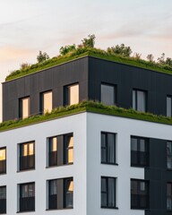 Obraz premium A modern building featuring a green roof, showcasing a blend of black and white architecture with windows reflecting a sunset.