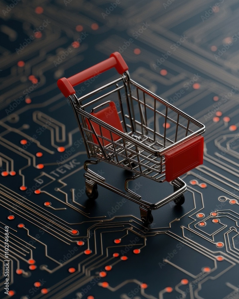 Poster a miniature shopping cart rests on a digital circuit board, symbolizing the intersection of e-commer