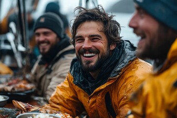 Obraz premium Joyful fishing crew enjoying a meal together on deck at sea