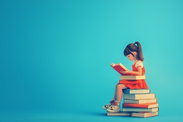Cute girl reading a book while sitting on a pile of colorful books against a blue background