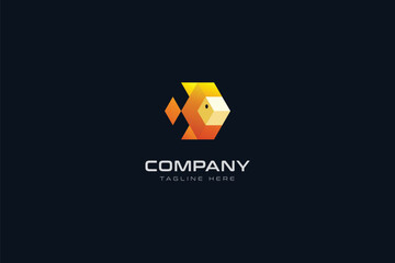 The logo features a geometric fish shape, composed of vibrant orange and yellow triangles, against a dark background