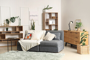 Interior of living room with sofa, drawers and shelf units