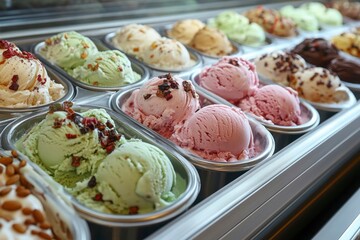 Artisan ice cream display in clear freezer section featuring diverse flavors