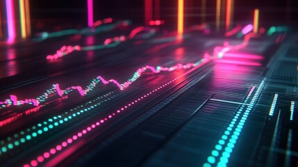 Abstract neon glowing lines and graphs depicting data visualization.