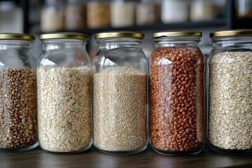 Close up of assorted whole grains in glass jars for healthy cooking and kitchen inspiration