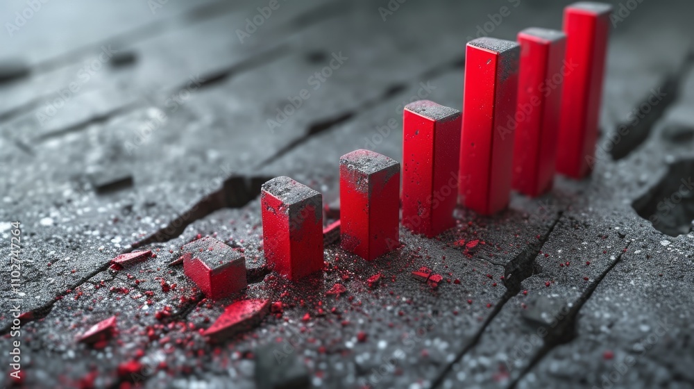 Poster a red bar graph rises from a cracked and worn surface, signifying strength and growth amidst challen