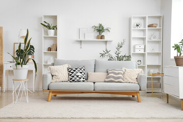 Interior of light living room with grey sofa, plants and shelf units