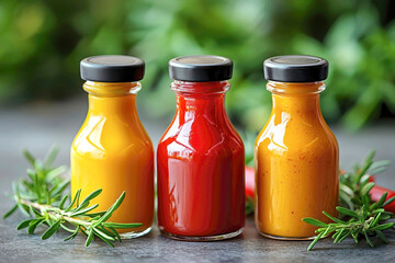 Vintage condiment bottles with ketchup, mustard, and mayonnaise for retro kitchen design