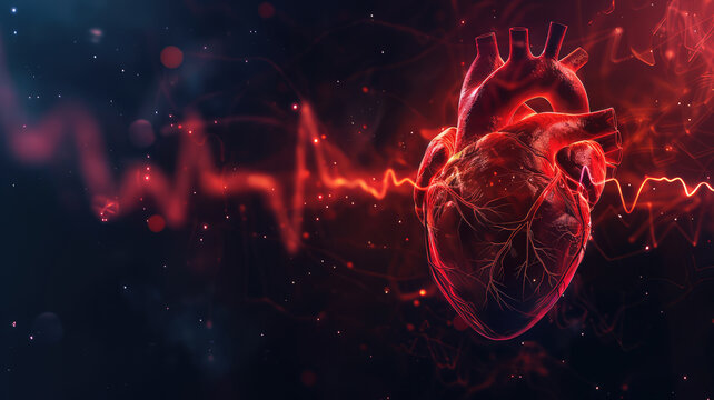 Human heart with cardio pulse line  chromosome and Flowing red blood cells
