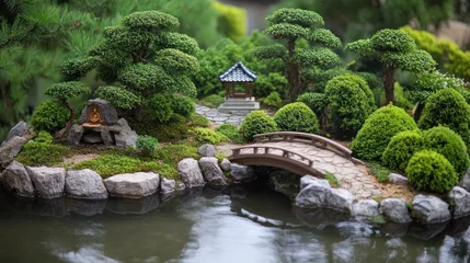 Tuinposter  A serene miniature Japanese garden featuring a bridge, pond, and lush greenery.  © harryaishi