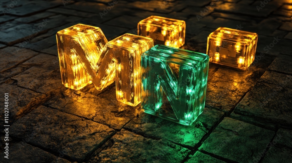 Poster illuminated blocks with letters glowing in a dark, textured environment.