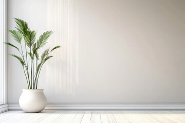 empty room interior background, beige wall, pot with plant