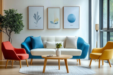 scandinavian interior design of modern living room  vibrant colorful  furniture