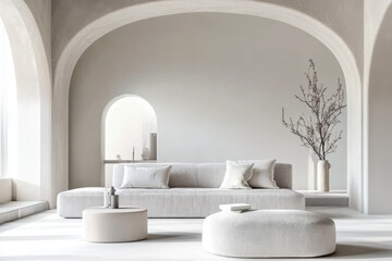 Boucle sofa and pouf in room with arch ceiling and stucco walls. Minimalist
