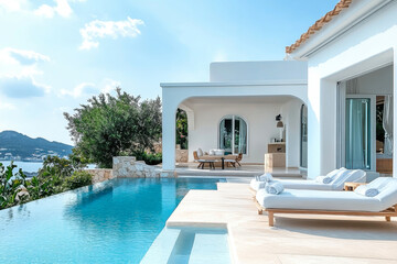 Fototapeta premium Terrace in villa with sunbeds and swimming pool with clear blue water