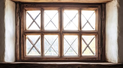 Obraz premium A wooden window with diamond-shaped panes, allowing natural light to enter a room.