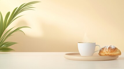 Cozy Bakery Scene with Coffee and Croissant on Minimalist Table