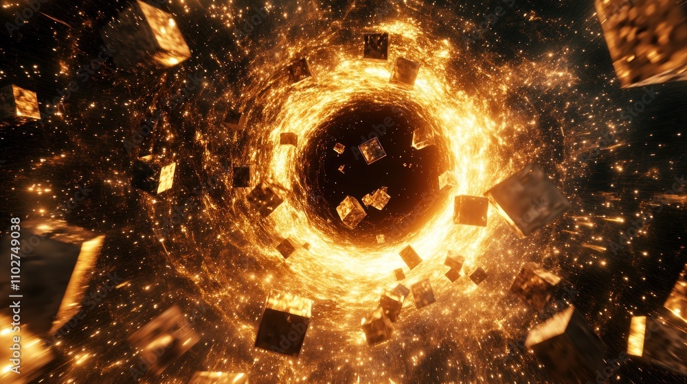 Poster a swirling vortex of golden blocks and particles representing a cosmic phenomenon.