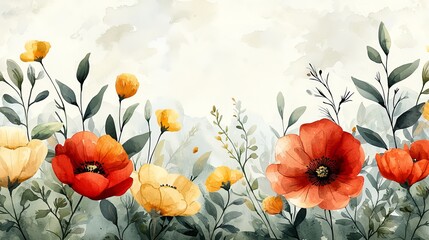 A vibrant watercolor illustration of colorful flowers in a serene background.