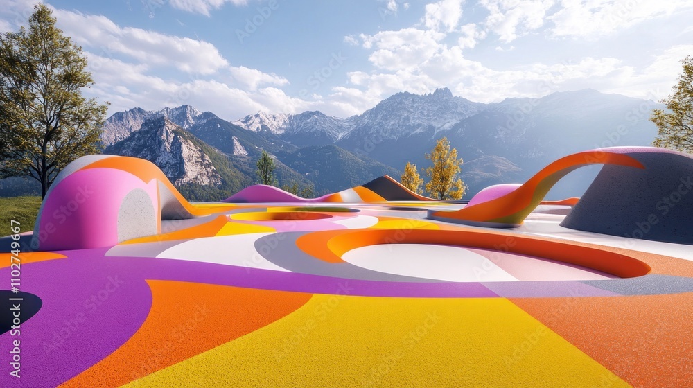 Poster a colorful, abstract landscape with undulating forms set against a mountainous backdrop.