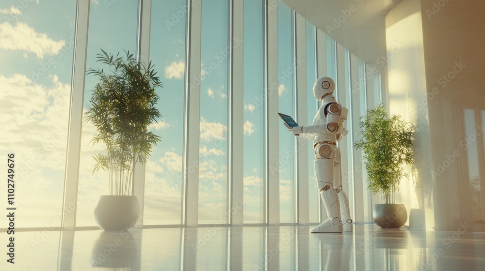 Poster white robot using tablet in modern office with panoramic windows.