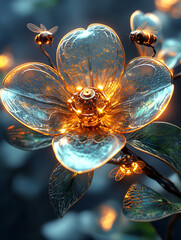 Mechanical bees pollinating glowing biomechanical flower in futuristic garden
