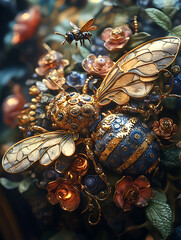 Golden and blue mechanical bee resting on metallic flowers with small bee flying above