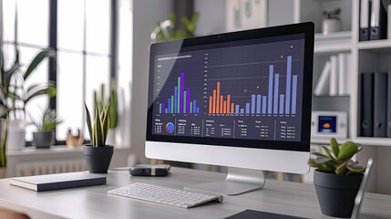 Modern Workspace with Desktop Showing Business Analytics and Charts