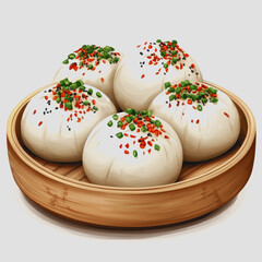 Freshly Steamed Dumplings Served in a Bamboo Basket with Chopped Herbs and Spices, Perfect for Asian Cuisine Lovers and Food Photography Enthusiasts