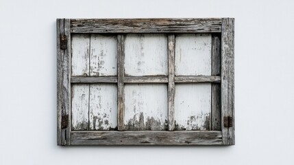 A weathered wooden window frame with a rustic design and peeling paint.