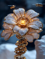 Mechanical flower with bees collecting golden pollen in a futuristic world
