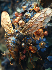 Mechanical bee covered in jewels and flowers flying in enchanted garden