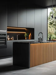 Dark and black modern kitchen with large kitchen  wooden slats © wiparat