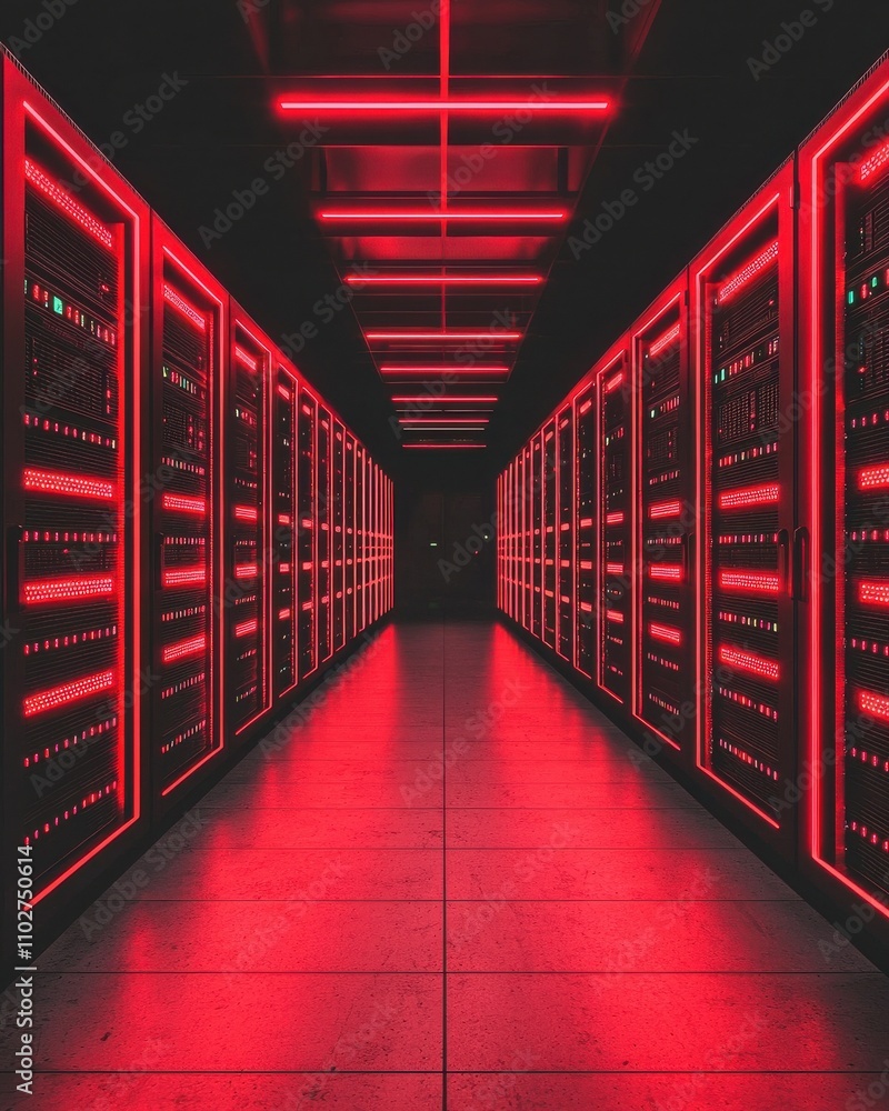 Poster a dimly lit corridor lined with illuminated server racks, featuring vibrant red lighting, creating a