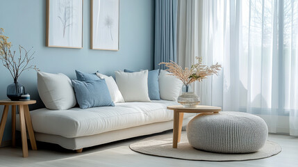 minimalist living room with light colored laminate and  blue tone