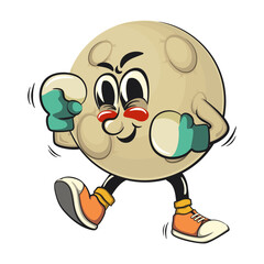 Moon mascot character illustration practicing boxing wearing boxing glove, cartoon mascot isolated, work of hand drawn