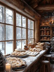 Christmas cookies and bread baking in cozy log cabin during snowfall