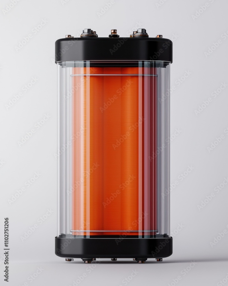 Poster a cylindrical battery with a transparent casing and an orange core, showcasing a modern design suita