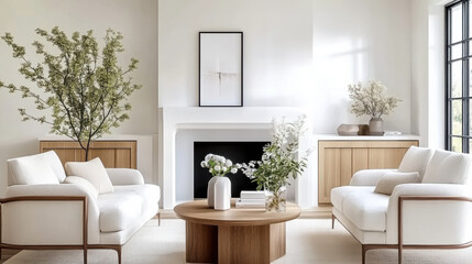 chairs and sofa near fireplace interior design of modern living room