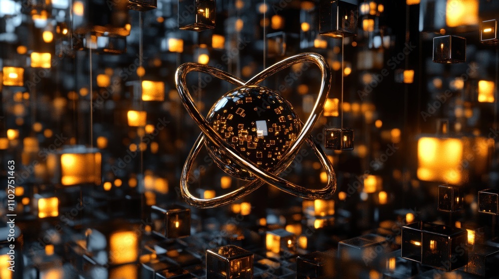 Aufkleber a 3d representation of an atom surrounded by glowing cubes, symbolizing technology and science.