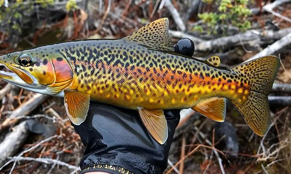 A person holding a colorful trout fish outdoors.