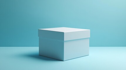 The simple and elegant white gift box is centered on a light blue background with clean edges, presenting a modern minimalist aesthetic. Balanced composition, soft lighting, and delicate shadows