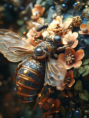 Mechanical steampunk golden bee flying near flowers and small bee