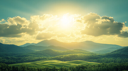 Obraz premium Breathtaking sunrise over rolling hills and mountains in a serene landscape